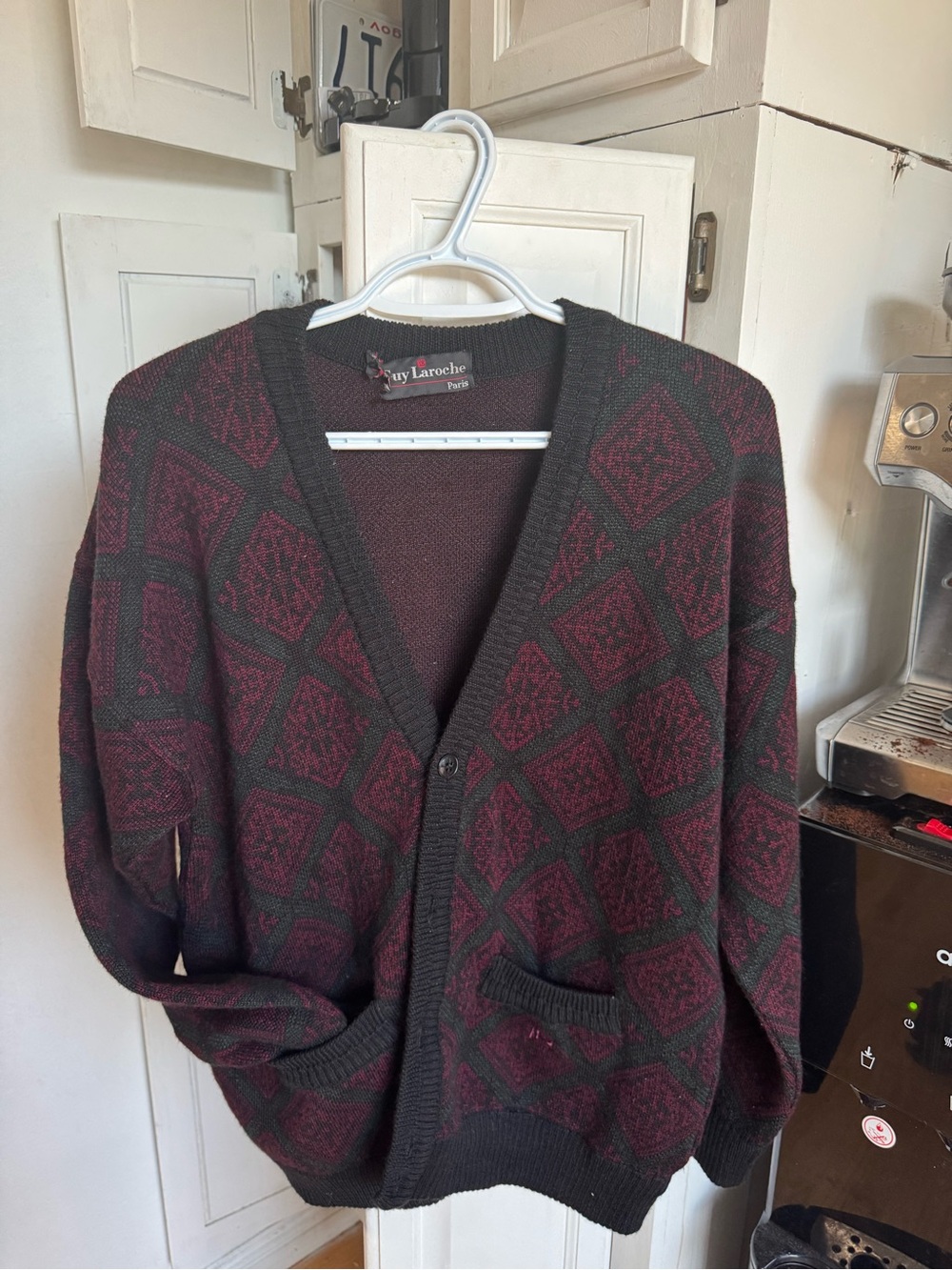 Guy Laroche Men’s Burgundy and Black Geometric Cardigan Sweater